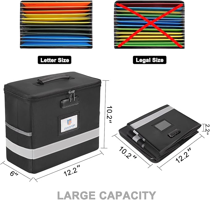 Fireproof File Box with Lock, Document Box Storage Organizer, Suitable for Hanging File Folders in Letter Size, Collapsible F