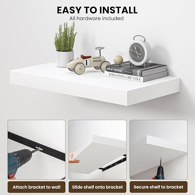 Dreamland 24" Floating Shelves for Wall, 12" Deep Thicker White Floating Shelves, Wall-Mounted Shelves for Bedroom, Living Ro