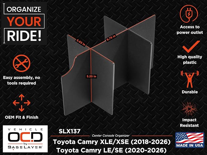 Vehicle OCD - Center Console Organizer for Toyota Camry XLE/XSE (2018-2026) and LE/SE (2020-2026) - Made in USA - SLX137