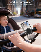 Stroller Phone Holder, Compatible with MagSafe, Magnetic Handlebar Mount, 17x N52 Strong Magnets, Fits Treadmills, Peloton, Shopping & Golf Carts, Adjustable Strap, iPhone 12–17 & Android