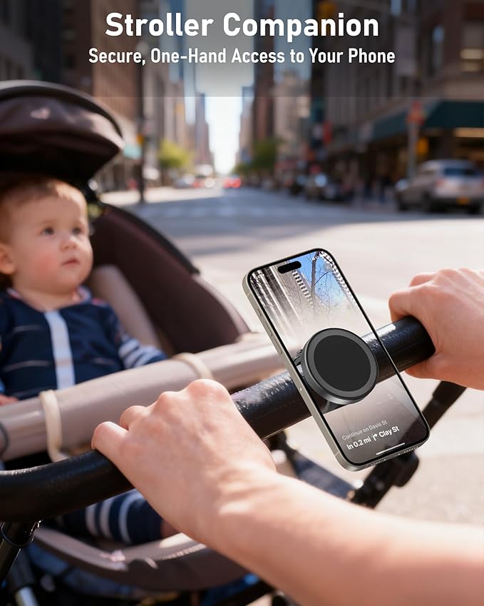 Stroller Phone Holder, Compatible with MagSafe, Magnetic Handlebar Mount, 17x N52 Strong Magnets, Fits Treadmills, Peloton, Shopping & Golf Carts, Adjustable Strap, iPhone 12–17 & Android