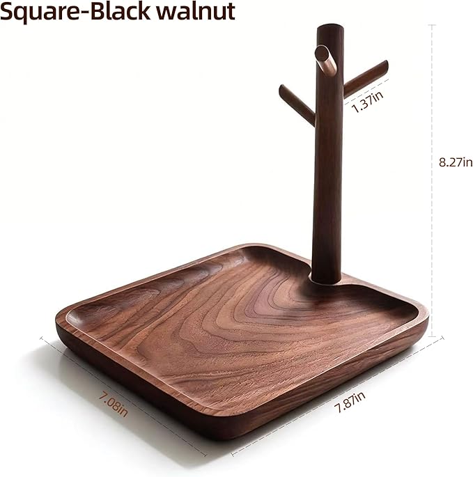 Solid Black Walnut Wooden Key Tray, Multi-Functional Key Bowl for Entryway Table, Key Holder Stand equipped with 3 Hooks, Woo