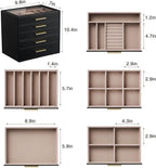 pickpiff Jewelry Box Organizer Case for Women: 5-Layer Jewelry Storage Case with Glass Window, Black Leather with Blush Velve