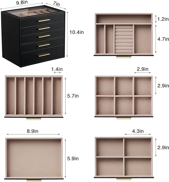 pickpiff Jewelry Box Organizer Case for Women: 5-Layer Jewelry Storage Case with Glass Window, Black Leather with Blush Velve