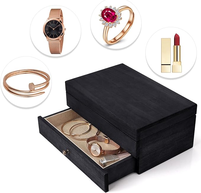Meangood Jewelry Box Organizer for Women, 2 Layer Large Jewelry Storage Case, Rustic Wooden Jewelry Box with Mirror & Ring Tr