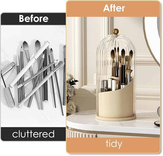 YOOLENS Makeup Brush Holder with Lid 360 Rotating Clear Dustproof Make Up Organizers for Vanity Bathroom Countertop, White Be