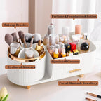Rotating Makeup Organizer for Vanity with Brush Holder and Drawer, Cosmetic Makeup Storage, Large Spinning Makeup Skincare Or