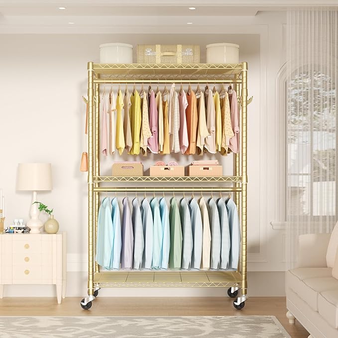 FUTASSI P1 Plus Rolling Clothes Rack, 22mm Diameter Heavy Duty Garment Rack with Wheels, Portable Closets with Shelves and Ha