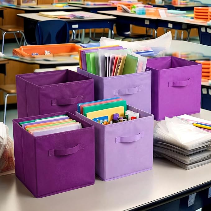 Karenhi 11" x 10.5" x 10.5" Purple Storage Cube, 6 Pack Fabric Cube Storage Bins Organizer Box, Collapsible Baskets with Hand
