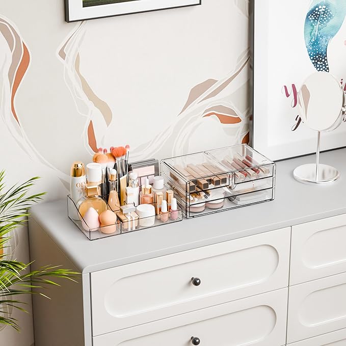 Yieach Acrylic Make up Organizers for Counter,Desk and Vanity,2 Pack Stackable Bathroom Counter Organizer with Drawers,Large 