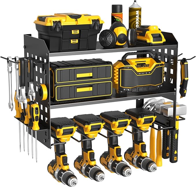 SUNALLY Power Tool Organizer, Heavy Duty Wall Mount Tool Organizer 3 Layers with 4 Drill Holders, Garage Tools Storage Rack w