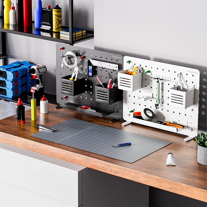 PEGZONE Clamp-on Desk Pegboard, Desk Organizer for Office Gaming Home, Magnetic Metal Peg Board with 10 Accessories, Privacy 