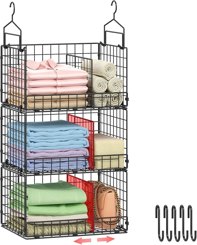 Sonyabecca 3-Tier Extra Large Closet Hanging Organizer with Dividers, Clothes Hanging Shelves with 2 Hanging Hooks & 5 S-Hook