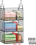 Sonyabecca 3-Tier Extra Large Closet Hanging Organizer with Dividers, Clothes Hanging Shelves with 2 Hanging Hooks & 5 S-Hook