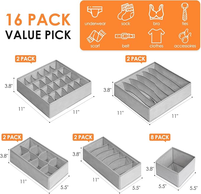 Criusia 16 Pack Sock Underwear Drawer Organizer, 96 Cells Dresser Organizer for Baby Clothes, Foldable Fabric Closet Organiza