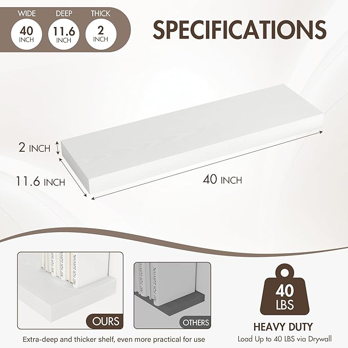 40 Inch Floating Shelves, 12" Deep Floating Shelf Wall Mounted, 40" Wall Shelves, Rustic Deep Bookshelf, Extra Deeper & Thick