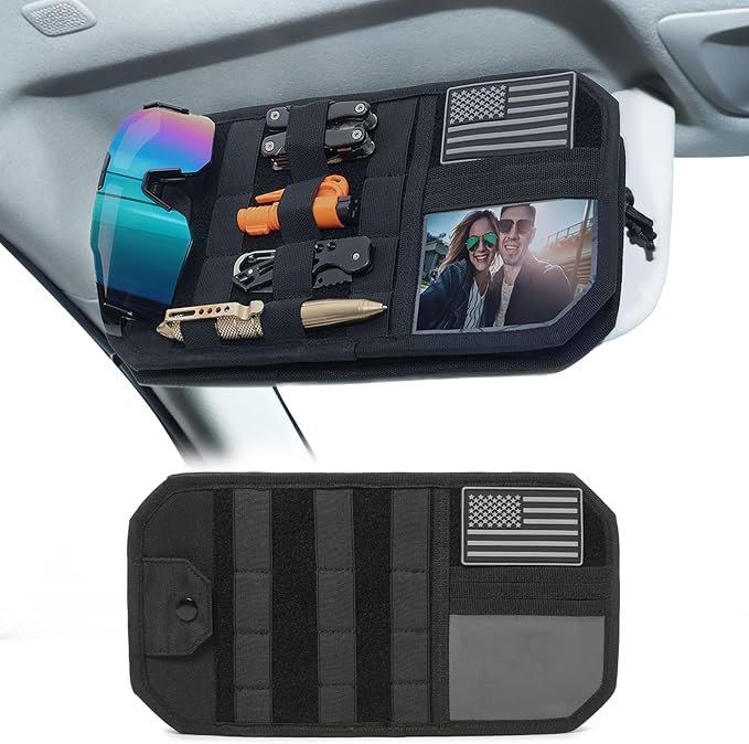 Upgraded Molle Car Sun Visor Organizer, Semi-Rigid MOLLE Panel No Sagging with Zipper Storage Pouch & Glasses Clip, Tactical Gear for Trucks SUVs Cars - Universal Fit