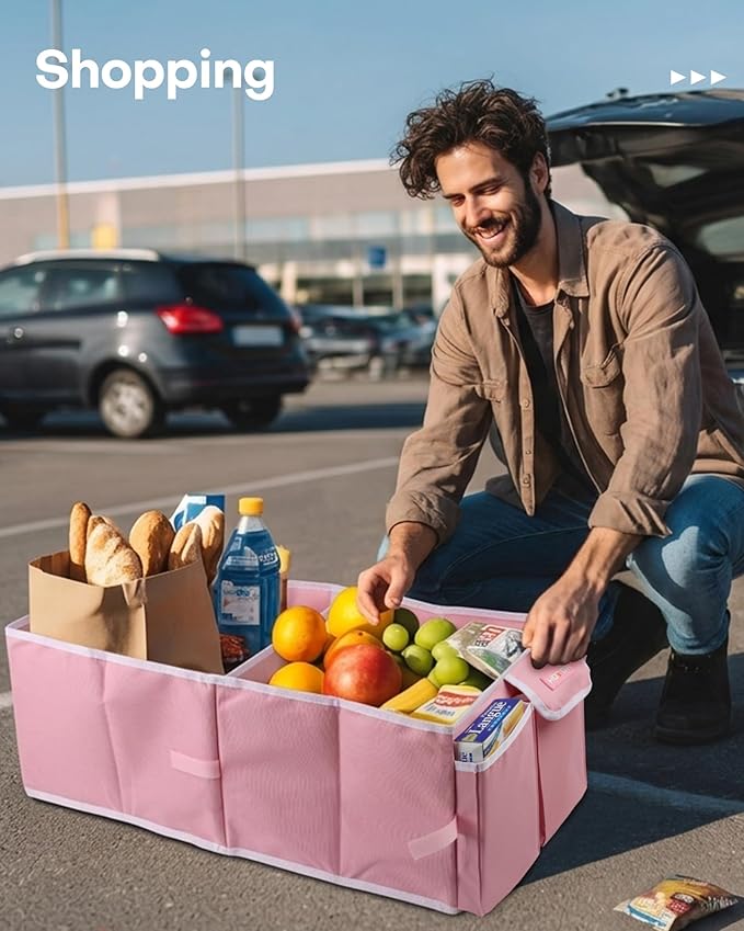 HOTOR Foldable Trunk Organizer - SUV & Sedan Compatible, 2 Compartments, Pink, 23.6x14.2x10.6 Sturdy Car Organization