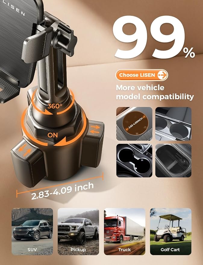 LISEN Upgraded Version Cup Holder Phone Holder 360° Adjustable Long Neck Car Phone Mount Golf Cart Phone Holder, Truck Jeep Accessories for iPhone 17 Air Pro Samsung Google and All 4-7'' Phone