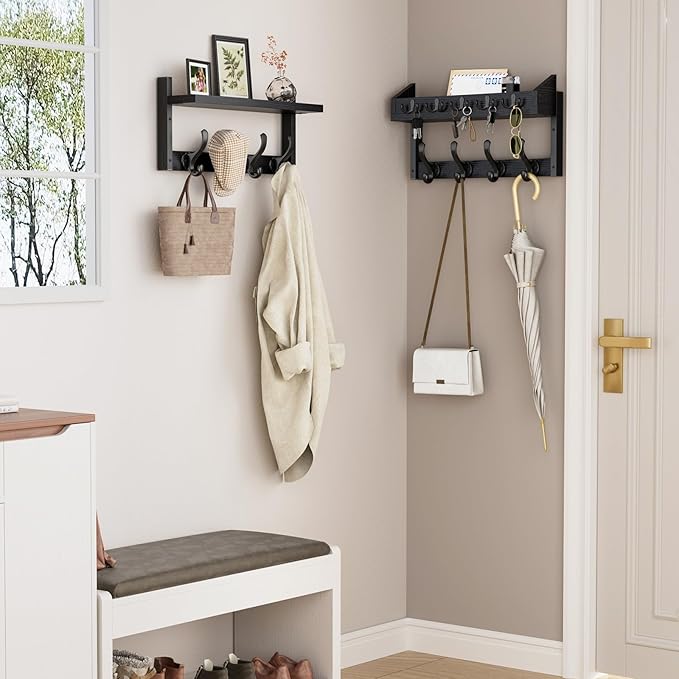Evermagin 35" Coat Rack Wall Mount with Shelf, 4 in 1 Coat and Key Hanger with 13 Metal Hooks, Entryway Wall Mounted Shelf wi
