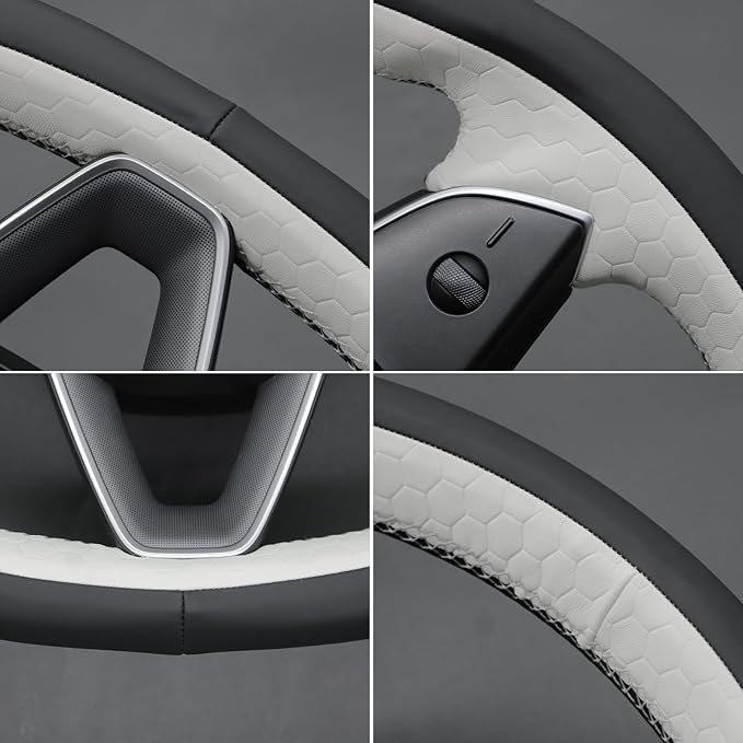 MEWANT DIY Stitching Real Leather Steering Wheel Cover Wrap for Tesla Model 3 Highland 2023-2025/Model Y 2025 Highland for Tesla Model 3/Model Y Accessories(3D Style)