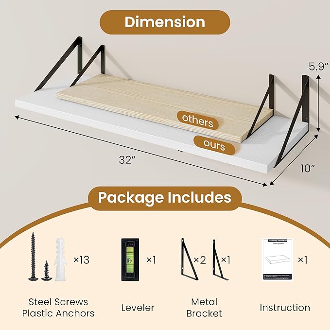 Floating Shelf for Wall,32" WX10 D Wood Floating Shelves with Sturdy Metal Bracket Set of 2,Wall Mounted Hanging Shelf for Ba
