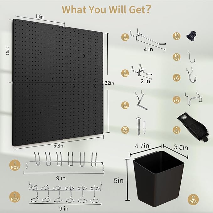 FZK Peg Board, Black Pegboard 4pcs and 46 Pegboard Hooks with Strong Ribs Back Holds up for 200Ib, Peg Board Organizer for Wa