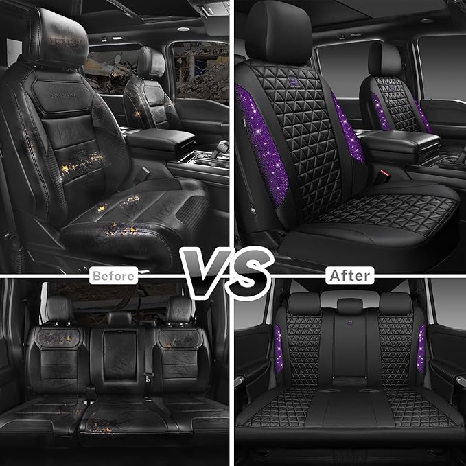 CAR PASS Bling Diamond Leather Car Seat Covers Full Seats Interior Sets, Waterproof Shining Glitter Sparkly Crystal Universal