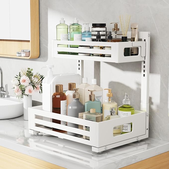1 Pack Under Sink Organizer,Pull Out Cabinet Organizer with Smooth Cylindrical Rail,Metal Slide Out Drawer for Kitchen Bathro