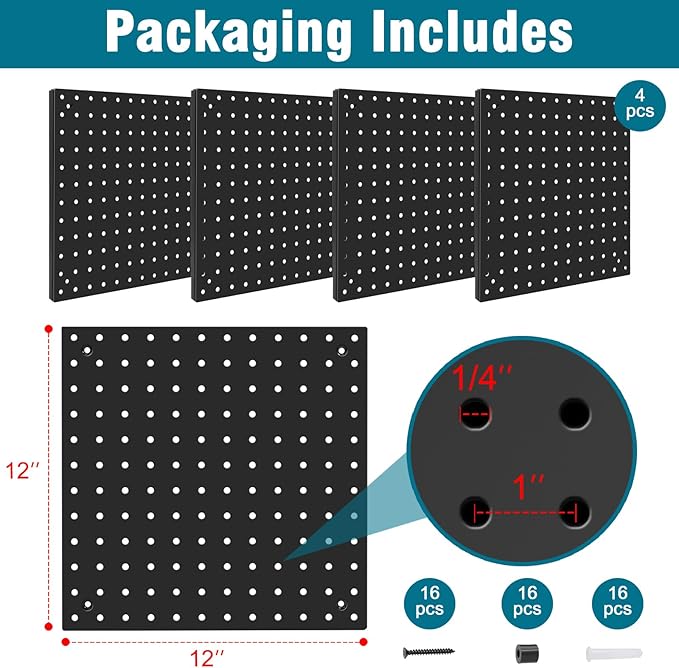 Peg Board,Steel Organization Panels, Ideal for Garage Tool Storage, Office Organization, Craft Room, Kitchen,Pack of 4 (Black