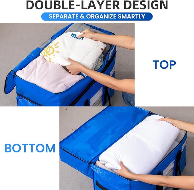 TAILI 2 Tier Extra Large Moving Bags, 4 Pack Blue Heavy Duty Totes for Storage with Visible Window, Wrap Around Handles, Stor