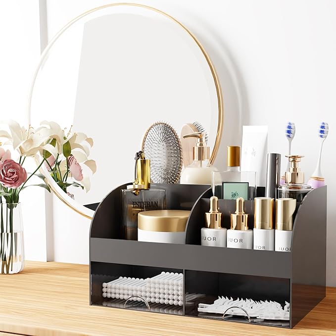 Makeup Organizer with Drawers, Cosmetic Storage for Dresser Vanity and Bathroom Countertop, Beauty Holder for Lipstick Brush,