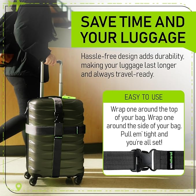 Untethered Luggage Straps | TSA-Approved Suitcase Belts with Heavy-Duty Buckles. Secure Adjustable Travel Accessories for Che