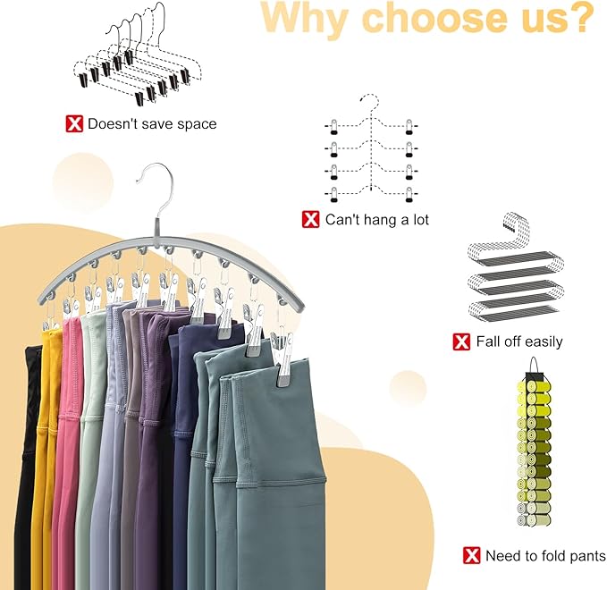 Volnamal Legging Organizer for Closet, Metal Yoga Pants Hanger w/Rubber Coated 1 Pack w/10 Clips Hold 10 Leggings, Hangers Sp