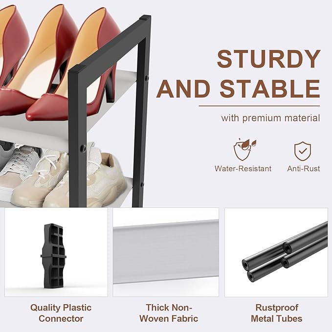4-Tier Shoe Rack for Closet & Entryway, Stackable Shoe Organizer with Screw-Fastened Metal Frame, Less Wobble Design, Heel-Fr