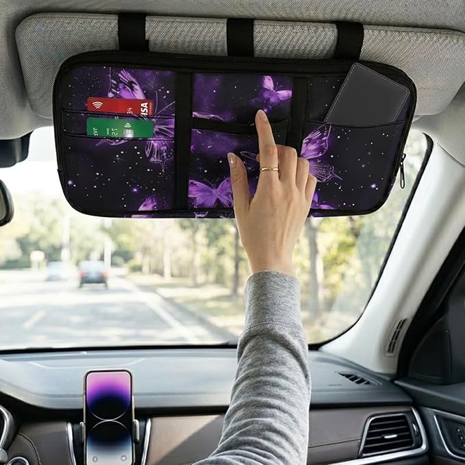 Butterfly Car Sun Visor Organizer Zipper with Picture Holder Tech Pouch Accessories Carry Storage with Multi-Pocket and Adjustable Straps Easy Installation Universal Fit for Most Cars SUV
