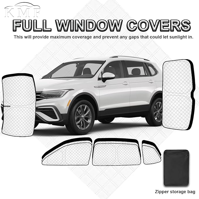 KMF 8pcs Thicken Sun Shades for Volkswagen VW Tiguan 2018-2023 Accessories,Tiguan Sunshade Full Car Window Covers for Windshield Side Rear, UV Block and Privacy Blackout for Camping
