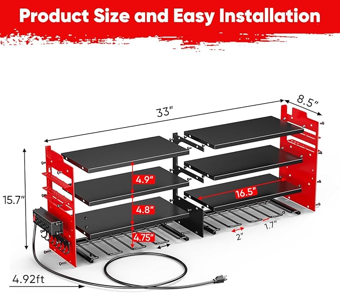 POKIPO Large Power Tool Organizer Wall Mount with Charging Station,4 Layer Heavy Duty Metal Tool Storage Shelf Loads 600lbs,B