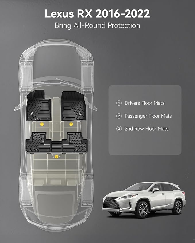 3W Floor Mats Compatible for 2016-2022 Lexus RX (RX350/RX450h) TPE All Weather Custom Fit Floor Liner, 1st & 2nd Row Full Set Car Mats, Black