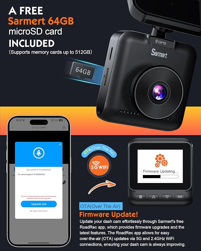 Sarmert C2 4K Dual Dash Cam Front and Rear - Built-in GPS and 5G WiFi, Free 64GB Card Included, 4K UHD Dash Camera for Cars, 