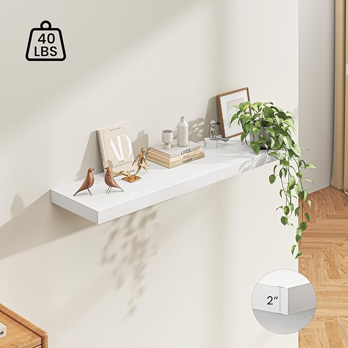 Dreamland 55" Floating Shelves for Wall, 12" Deep Thicker White Floating Shelves, Wall-Mounted Shelves for Bedroom, Living Ro