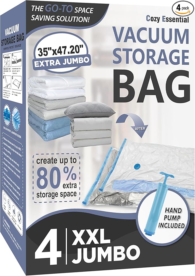 Cozy Essential Vacuum Storage Bags, 80% Compression Vacuum Seal Space Saver Plastic Packaging Bags for Clothes, Blankets, Pil