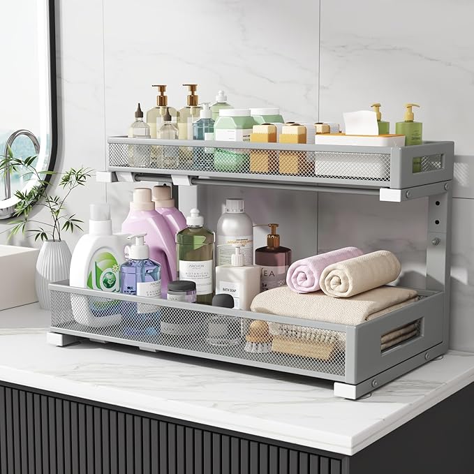 1 Pack 19IN Depth Under Sink Storage Organizer, Large 2-Tier Elegant Mesh Pull Out Shelf for Kitchen and Bathroom Cabinet Org