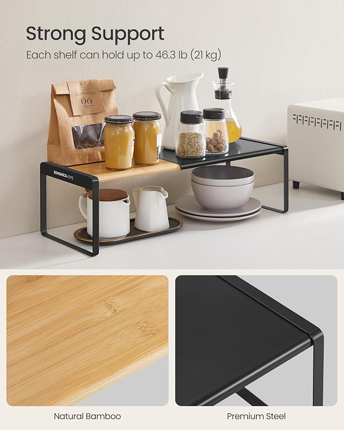 SONGMICS HOME Spice Racks, Expandable Cupboard Shelf Orgnizers, Kitchen Counter Shelves, Bamboo and Metal, Space-Saving Shelv