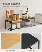 SONGMICS HOME Spice Racks, Expandable Cupboard Shelf Orgnizers, Kitchen Counter Shelves, Bamboo and Metal, Space-Saving Shelv