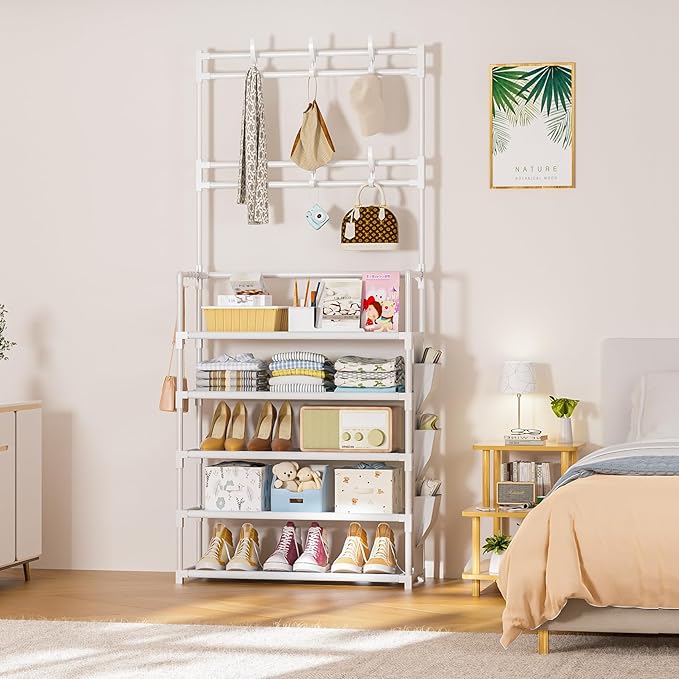 OYREL Shoe Rack 5 Tier Shoe Organizer Storage 15-20 Pairs Shoes Rack for Closet Entrance Shoe Rack Organizer with Hooks and S