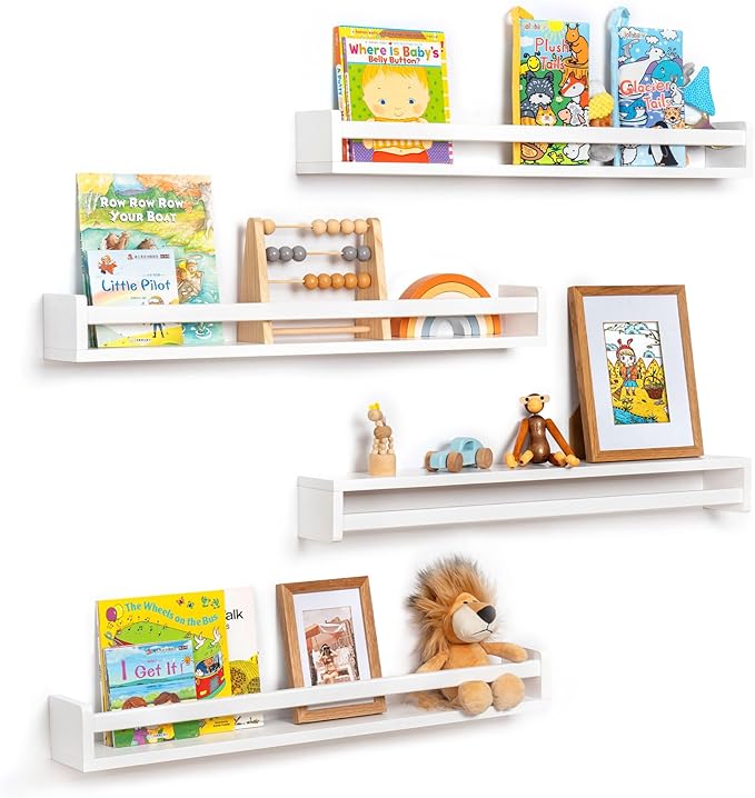 Fun Memories Nursery Book Shelves - Rustic Natural Solid Wood Floating Bookshelf for Kids - Wall Book Shelves for Kids Room (