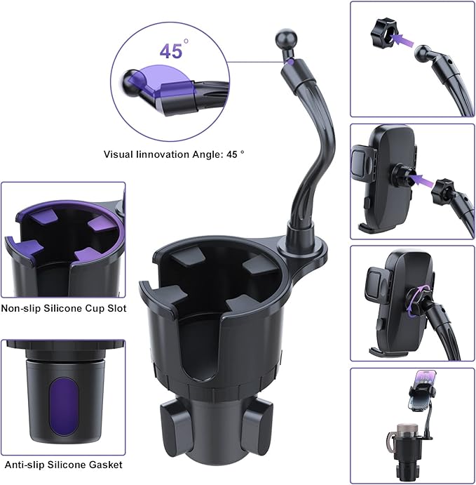 JINKEY Cup Holder Phone Mount, 360°Rotation Gooseneck Car Cup Holder Expander with Cell Phone Holder with Adjustable Base Pho