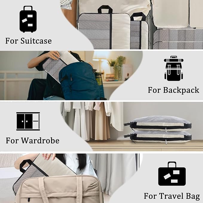 U+U 10 Set Compression Packing Cubes - Ultralight Cream Travel Organizers with Laundry Bag, Space-Saving Suitcase Organizer, 