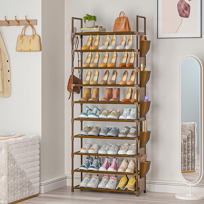 LUKYTOWER Tall Shoe Rack - 10 Tier Organizer for Closet, 30-35 Pairs, Large Capacity with 5 Hooks and Side Pocket, Sturdy Met